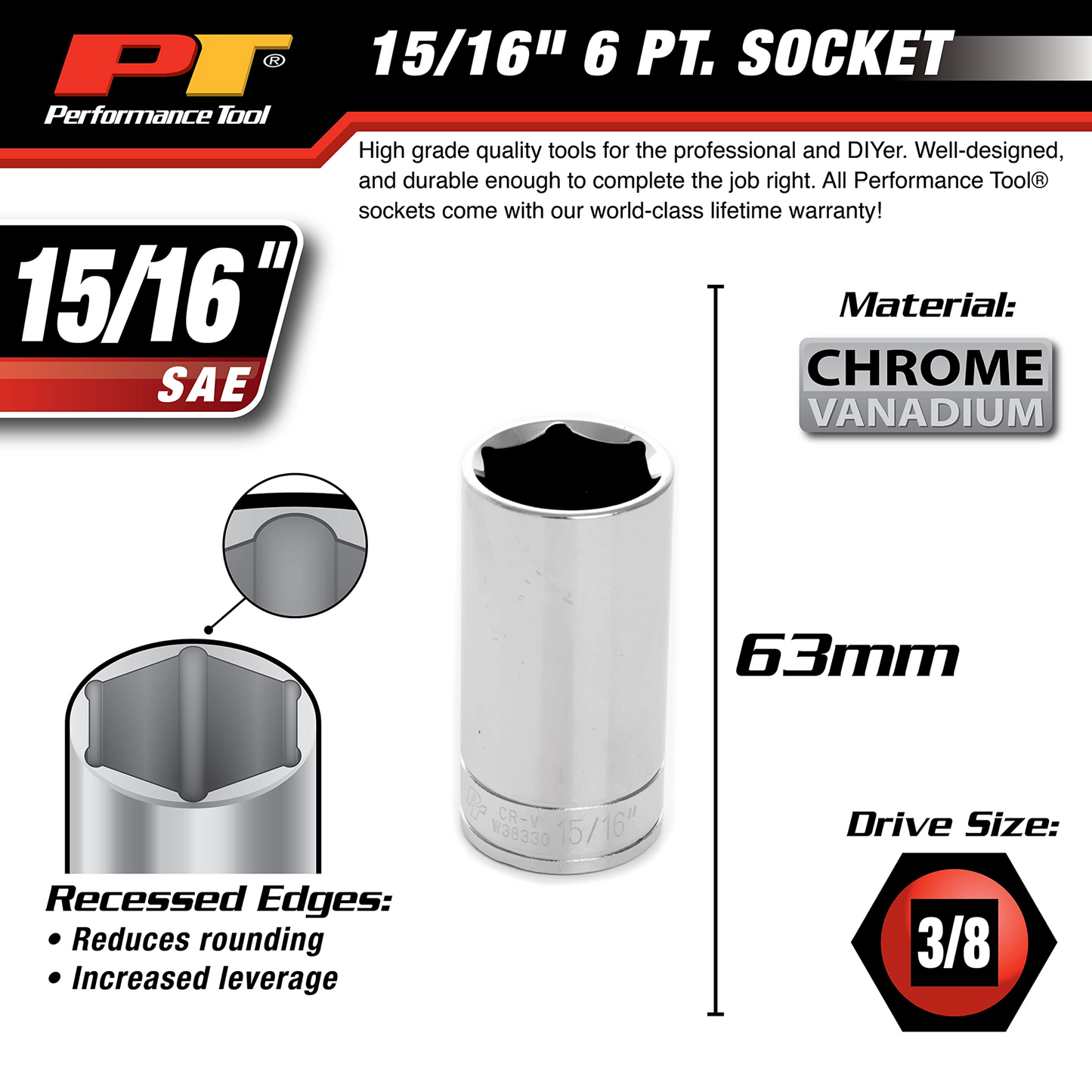 Performance Tool W38330 15/16-Inch 6-Point Chrome Vanadium Socket, 3/8-Inch Drive - Brothers Parts Delivery